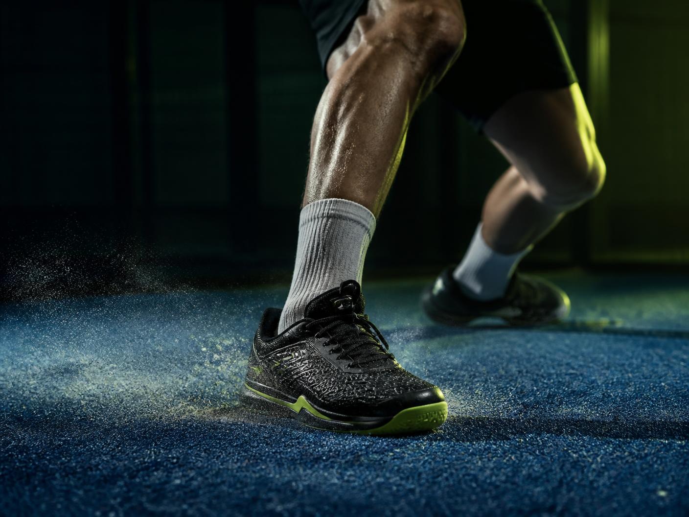 Close-up of a padel player's feet in a low split-step stance on court